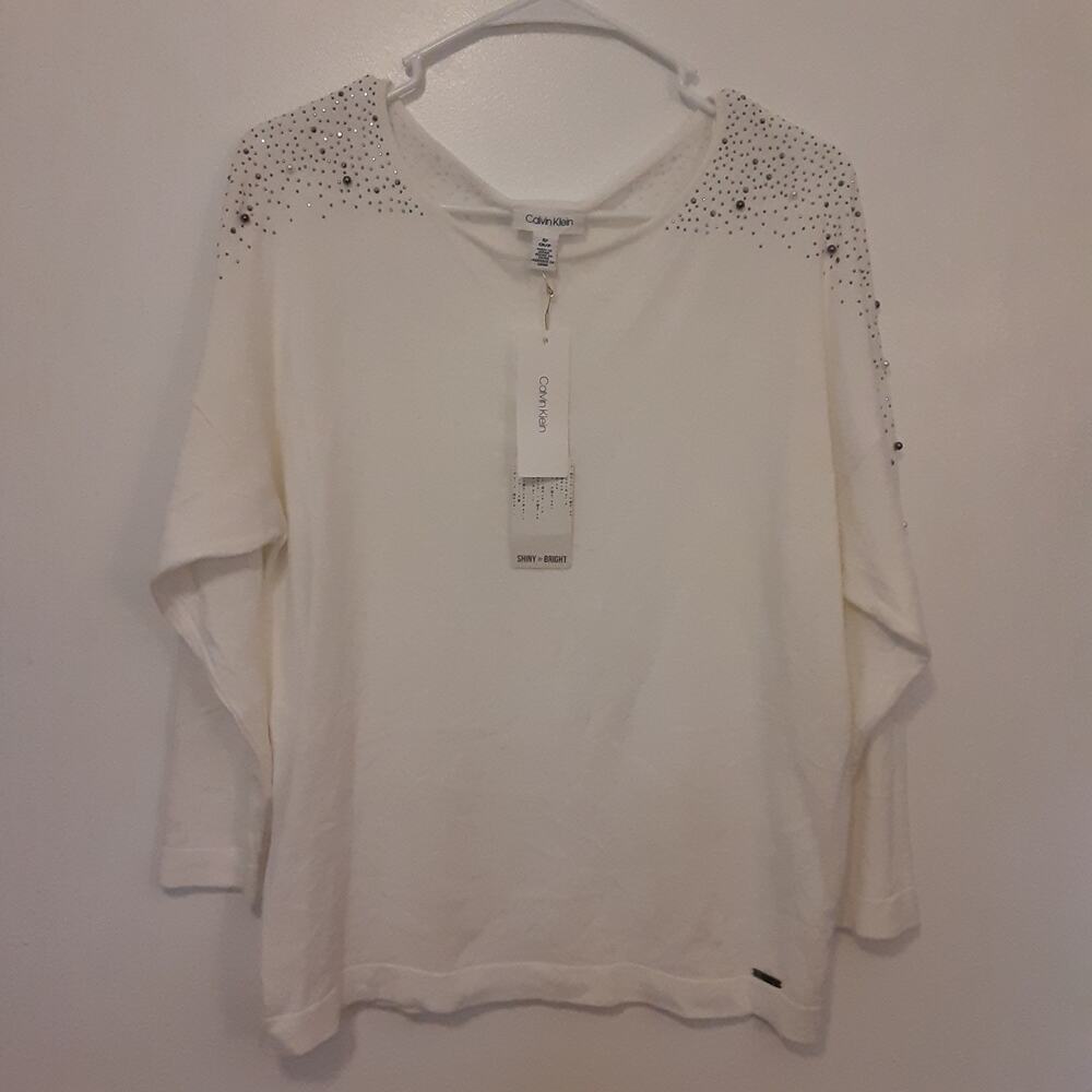 EUC Calvin Klein Top Womens S White Long Sleeve Beaded Shirt
